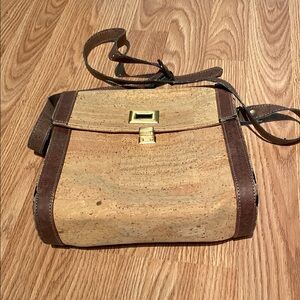 Victoria K Brown and Tan Cork Crossbody Bag with Gold Clasp